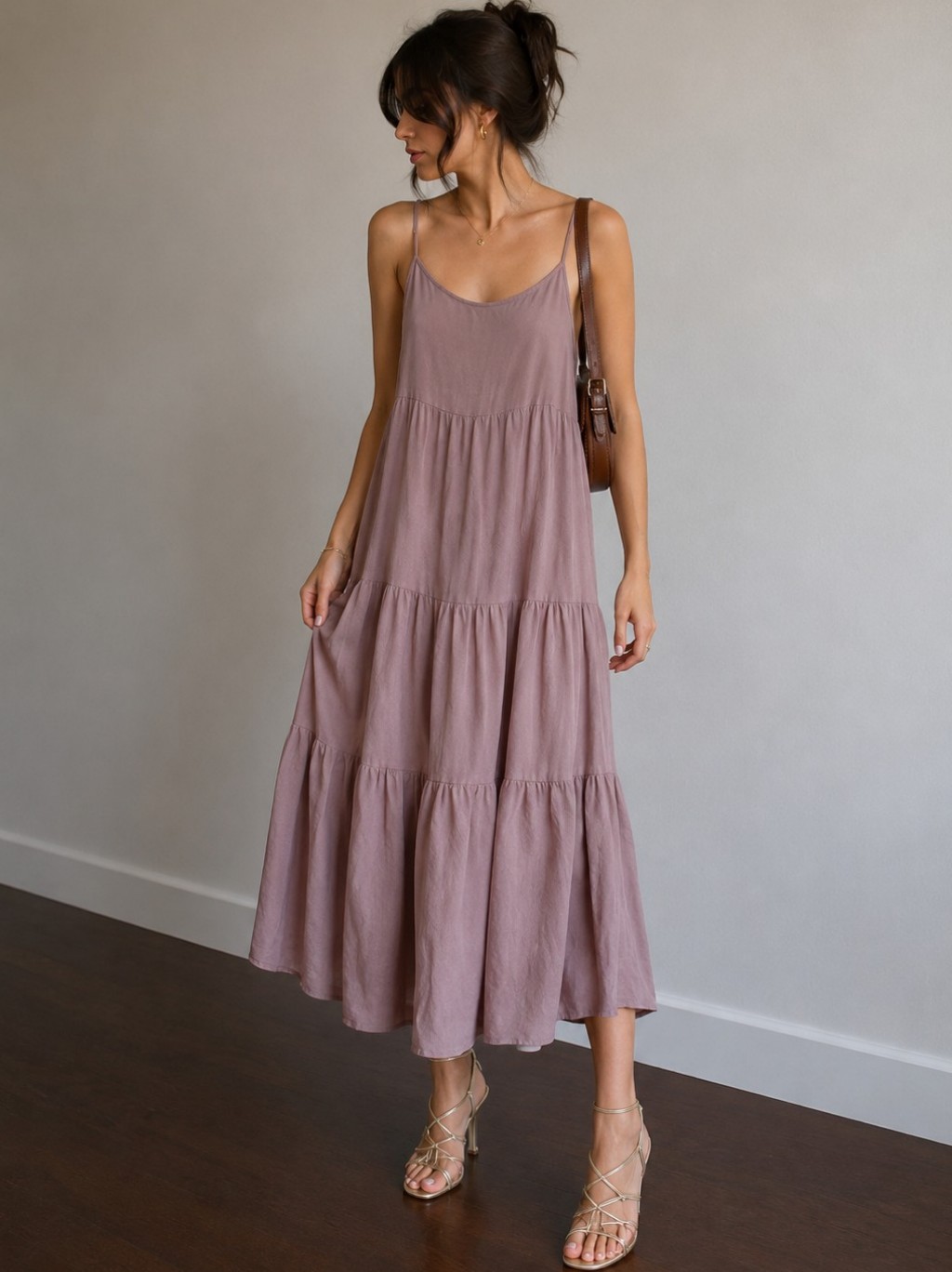 Anrabess Dusty Pink Tiered Midi Dress | Size L | Flowy Boho Cottagecore
